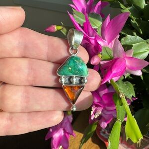Vintage Navajo Artisan Thomas Francisco Sterling Silver Turquoise Amber Pendant